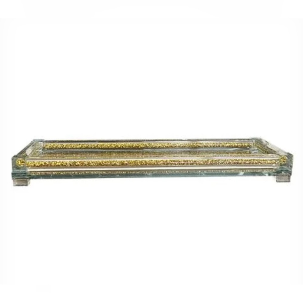 NWT Crystal Glass Tray, Mirror Vanity Tray, Golden Decor Tray Size 34cm X 14 cm - Picture 10 of 16